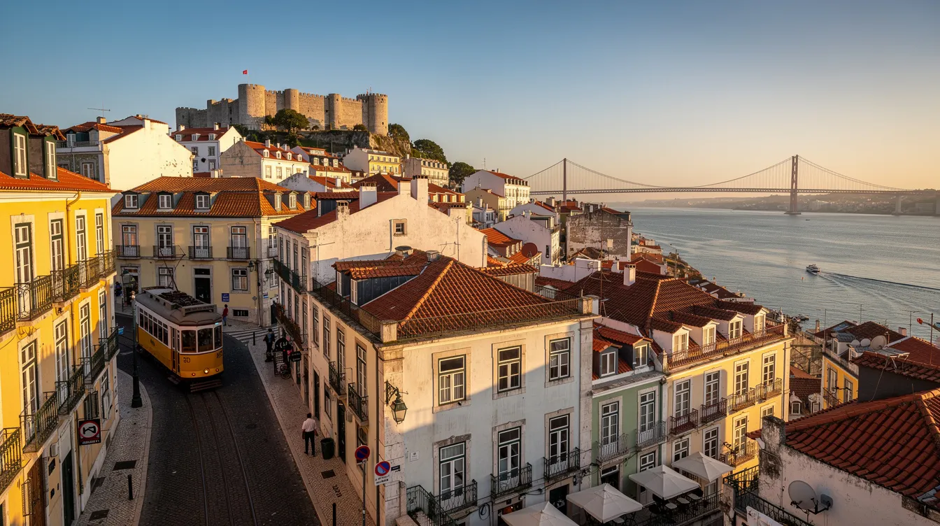 A imagem retrata a vibrante cidade de Lisboa, capital portuguesa, com destaque para o icônico Mosteiro dos Jerónimos e o Castelo de São Jorge ao fundo. As ruas são adornadas por azulejos típicos, enquanto visitantes desfrutam de um pastel de nata em uma das praças, como a Praça do Comércio, à beira do Rio Tejo.