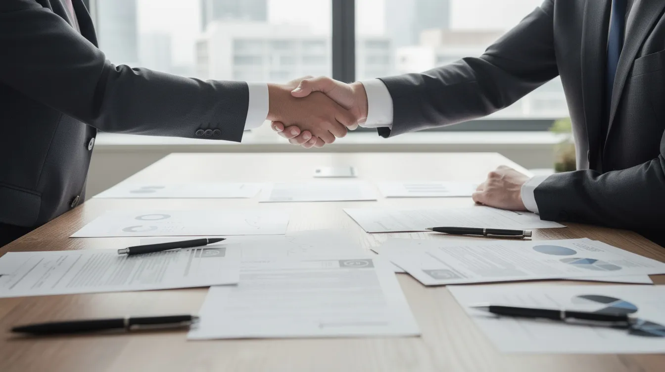 The image shows two people shaking hands across a desk, with various documents related to business contracts spread out in front of them, symbolizing a successful contract negotiation and a mutually beneficial business relationship. This scene reflects the importance of clear communication and legal support in ensuring compliance with contractual obligations.