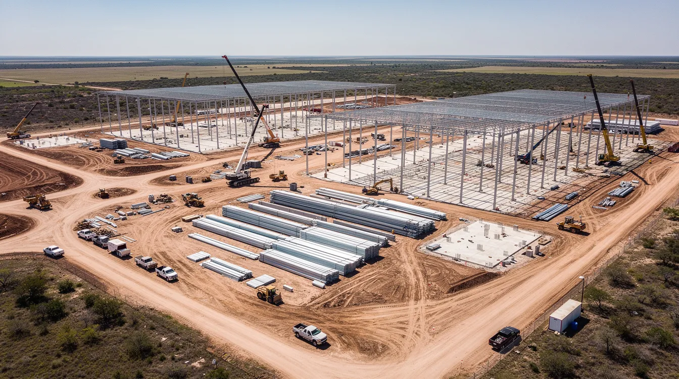An aerial view showcases a large industrial construction site in South Texas, featuring extensive steel structures and heavy equipment amidst a flat landscape. This bustling scene reflects the construction industry's proactive risk management strategies, emphasizing the importance of prequalified subcontractors in ensuring project success and minimizing safety risks.