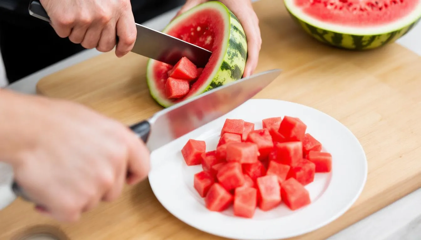 In the image, hands are skillfully cutting a fresh watermelon into bite-sized cubes, ensuring that all seeds and rind are completely removed, making it a safe and healthy treat for dogs. This preparation allows pet owners to safely feed their dogs watermelon, which is a refreshing and hydrating snack perfect for hot days.