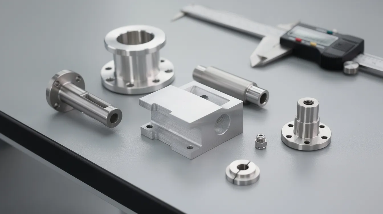 The image shows several precision machined aluminum and stainless steel parts neatly arranged on an inspection table, highlighting the quality and detail achieved through advanced CNC machining techniques. These parts exemplify the high precision and quality management that are essential in modern manufacturing processes.