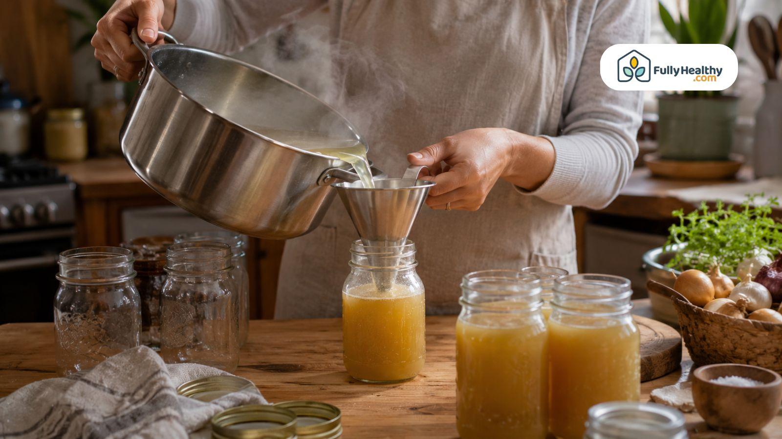 Fresh homemade chicken broth being poured through a stainless steel funnel into clean glass mason jars.