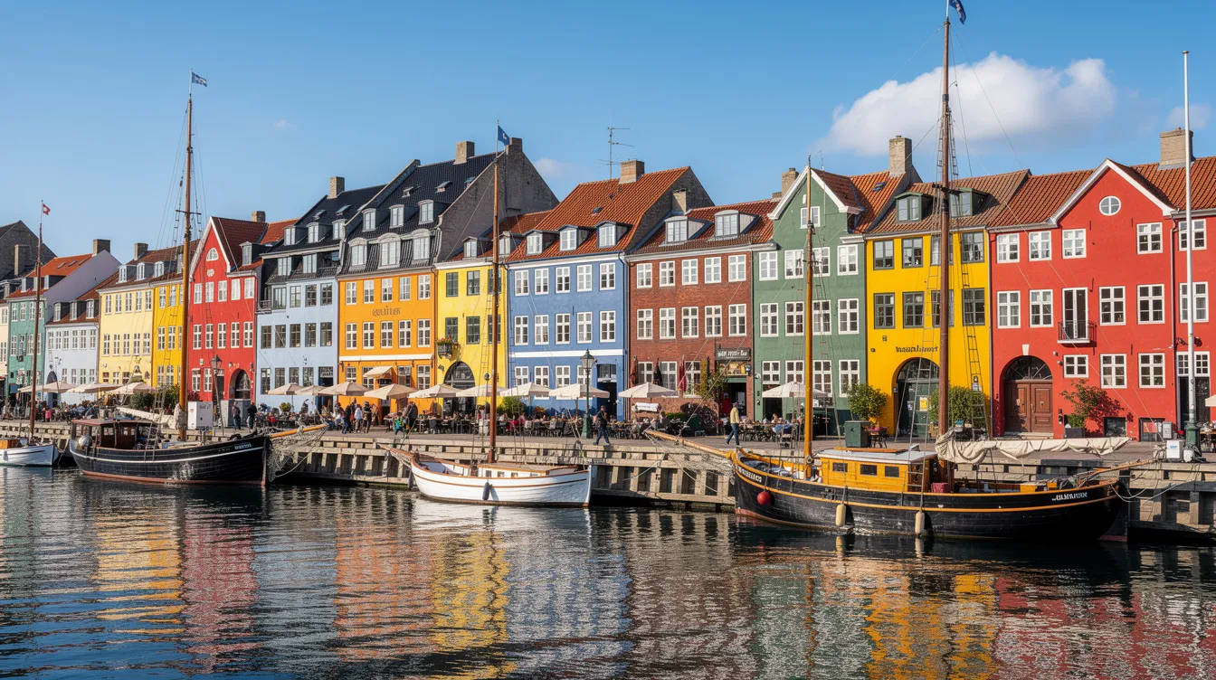 The image showcases vibrant waterfront buildings lining a picturesque harbour in Copenhagen, Denmark, with colorful boats bobbing in the foreground. This scenic view reflects the charm of the official currency of Denmark, the Danish krone, often seen in local shops and markets.