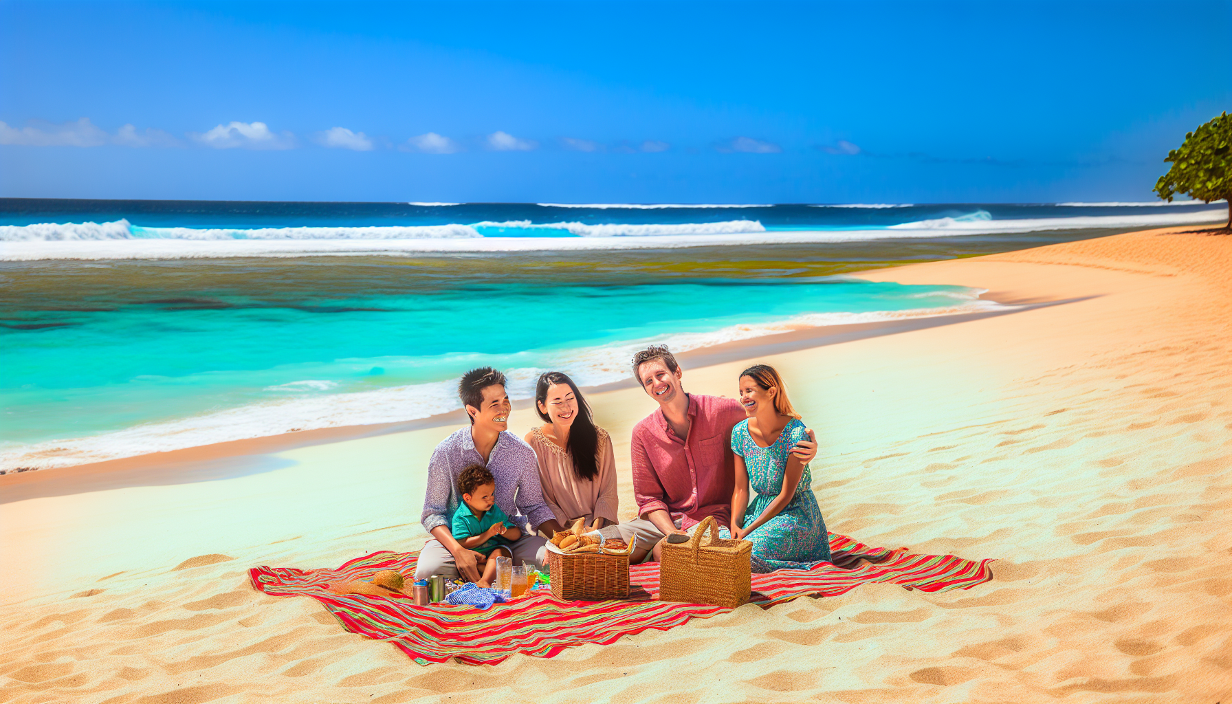 Family enjoying a picnic on the sandy beach at Playa Ventanas