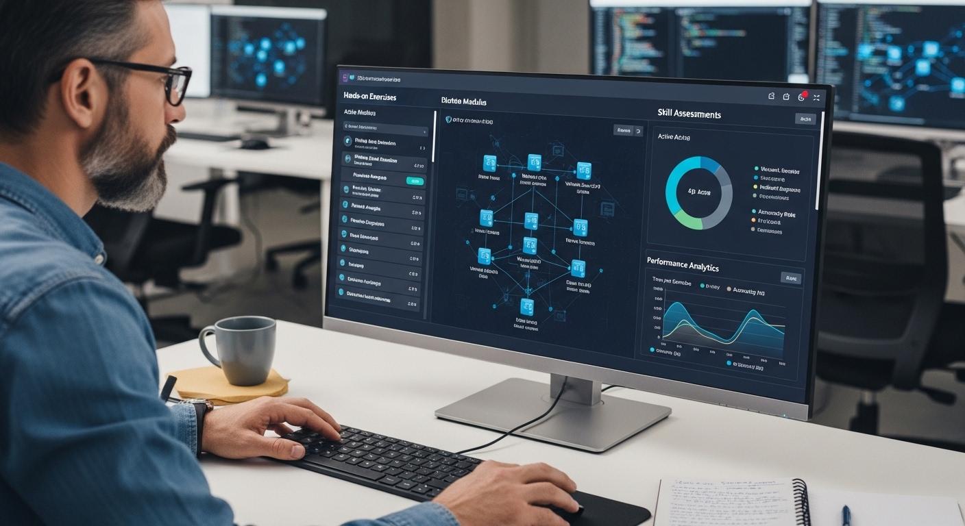 IT educator evaluating a virtual cybersecurity lab dashboard with hands-on exercises, skill assessments, virtual machines, and performance analytics.