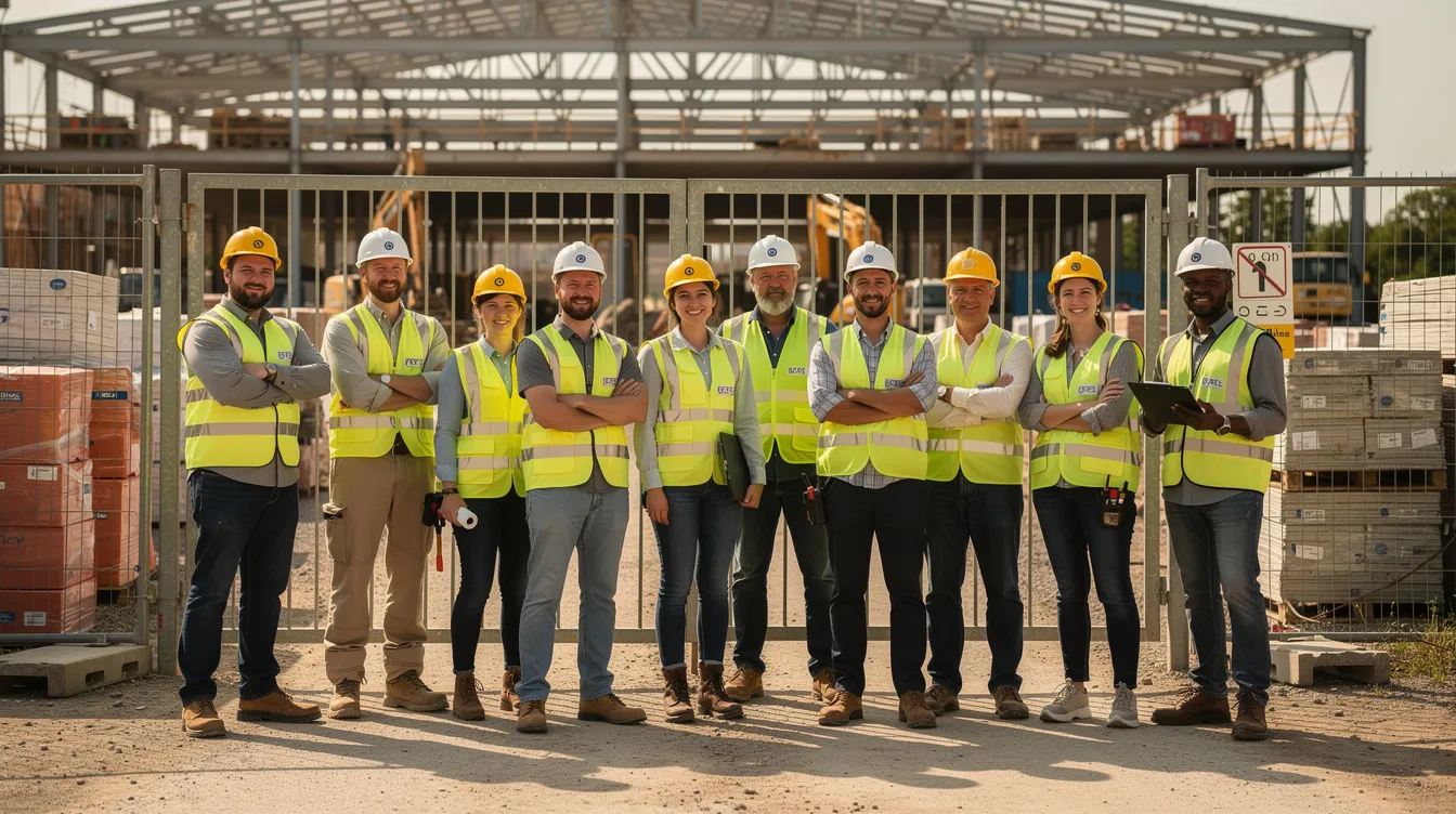 A diverse group of construction workers, including men and women of different ethnicities, are standing together at the entrance of a job site, all wearing hard hats and bright safety vests. This scene highlights the teamwork and commitment essential in the construction industry, where apprentices gain valuable skills through on-the-job training and safety training programs.