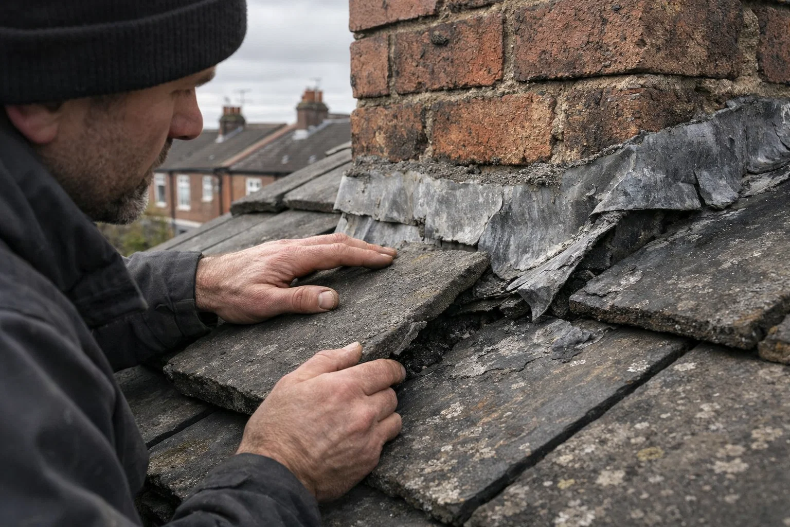 Roofer in Manchester inspecting tiles and chimney flashing for early signs of roof damage.