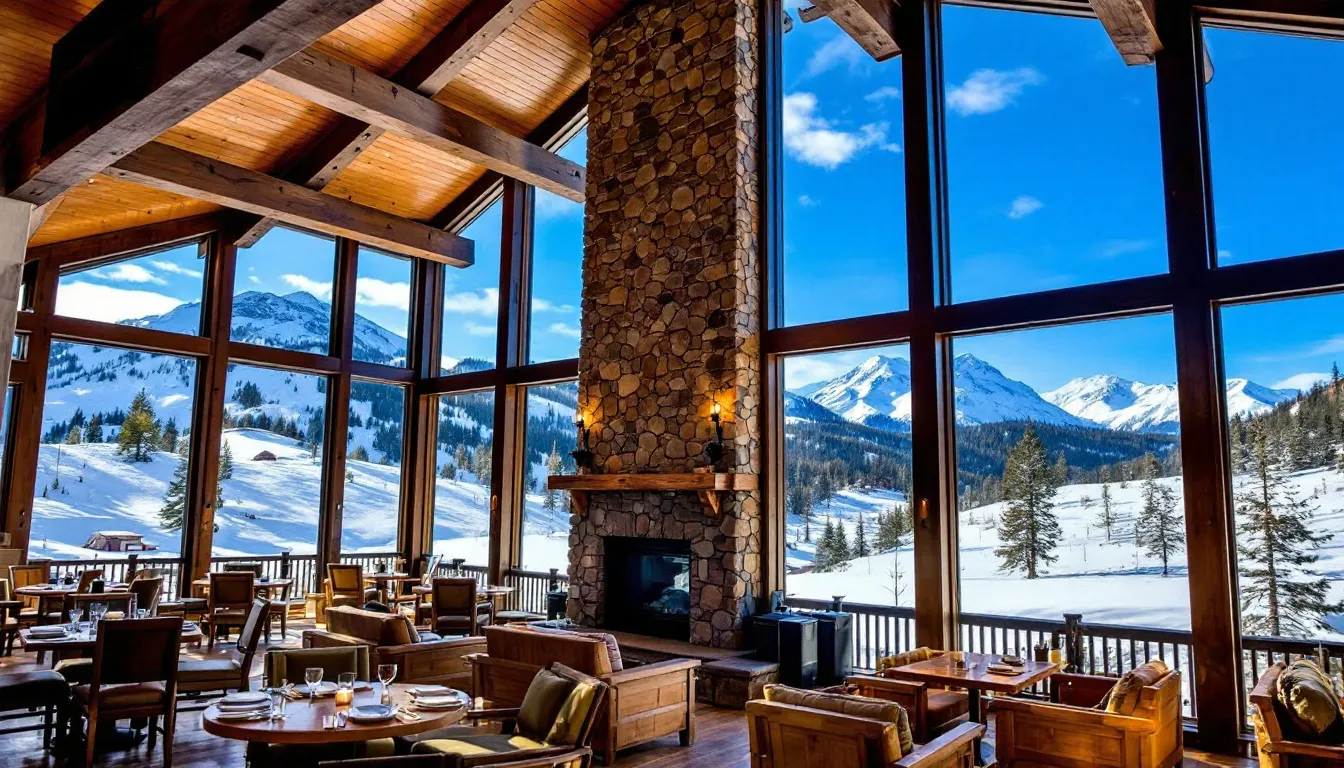 A cozy mountain resort restaurant, featuring panoramic views of snowy peaks and lush alpine scenery, invites guests to enjoy delicious food and drinks, including burgers and wine, in a warm atmosphere at Cedar Breaks Lodge in Brian Head, Utah. The restaurant offers a perfect setting for dinner, whether on the patio or inside, providing a refreshing dining experience after a day of outdoor activities.