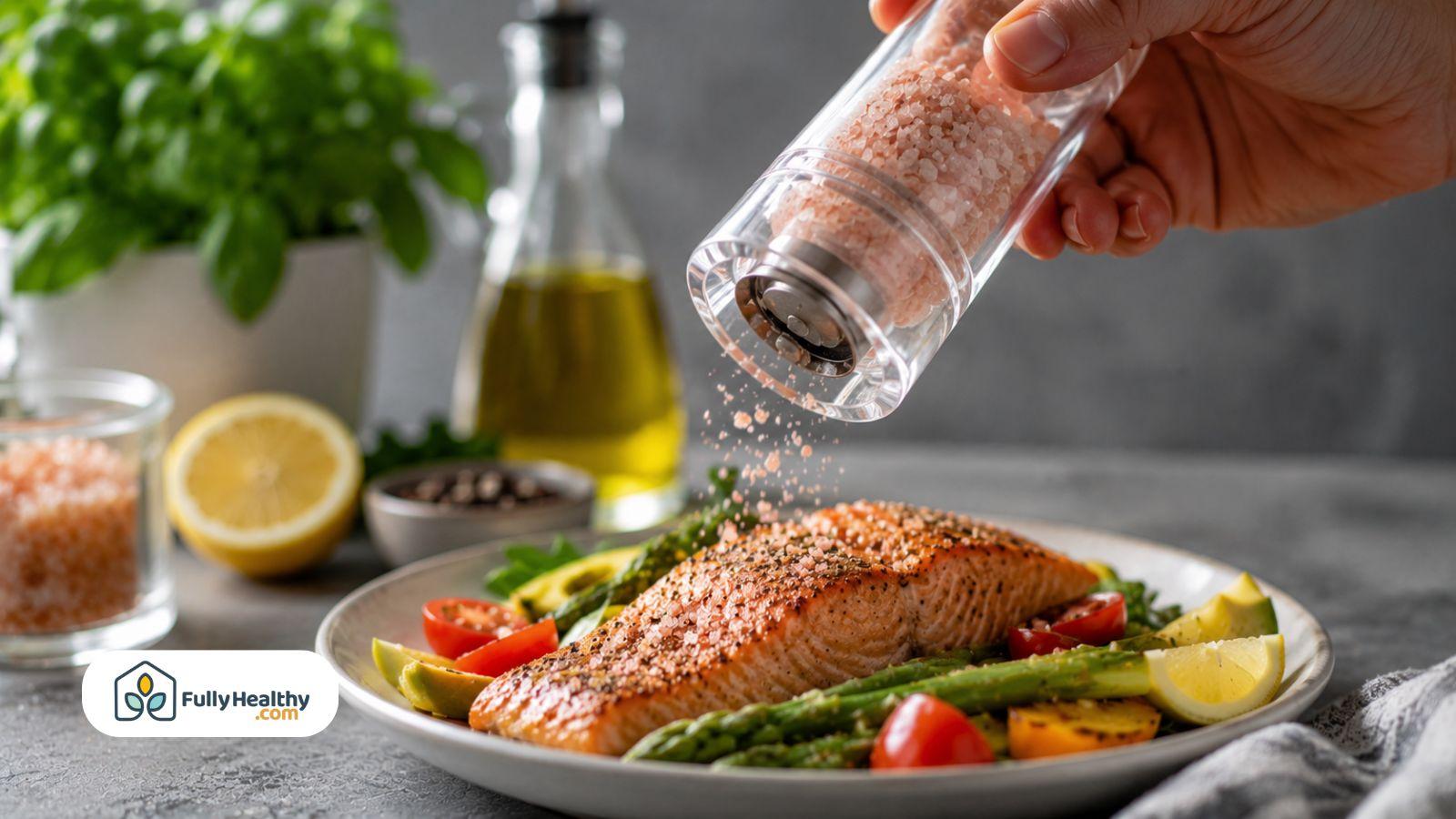 Seasoning grilled salmon with Himalayan pink salt alongside fresh vegetables and herbs.