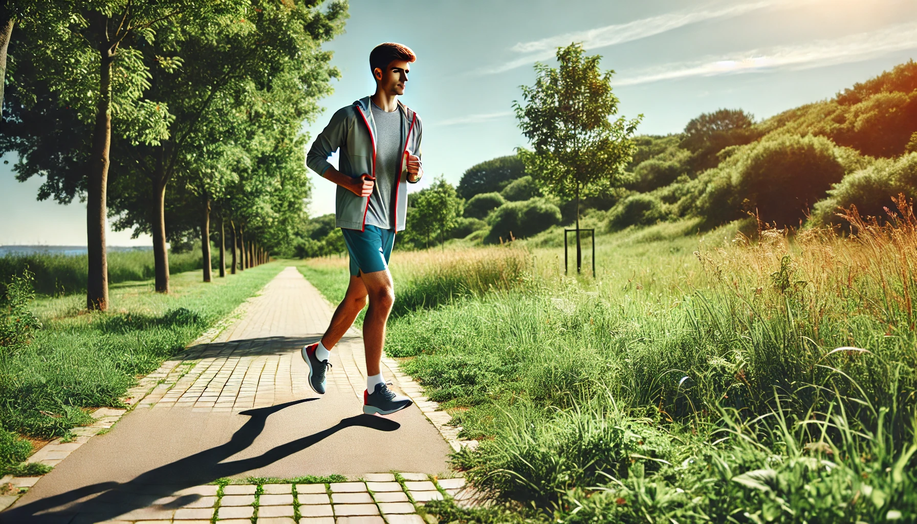 A man jogging outdoors on a sunny day