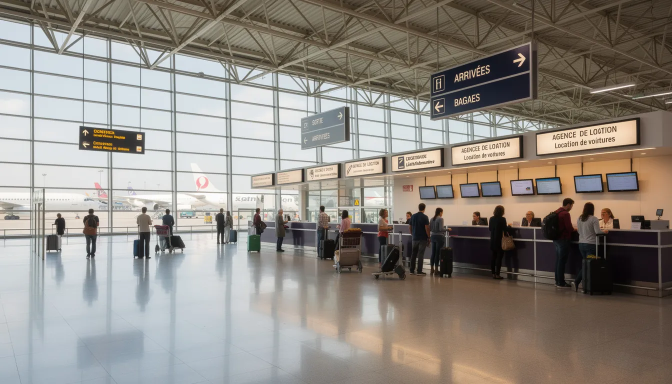 L'image montre un hall d'aéroport international animé, avec des panneaux indiquant les services de location de voiture. On peut y voir des clients se dirigeant vers les agences de location, où ils peuvent louer une voiture en utilisant une carte de crédit ou de débit pour le paiement.