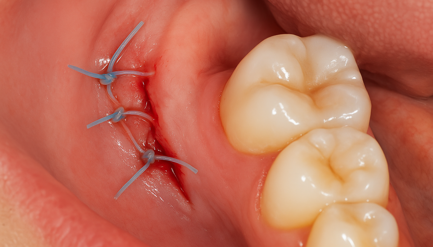 Nærbilde av selvoppløsende sting i tannkjøttet etter kirurgi, med synlig helingsprosess og tannlegens instrument.