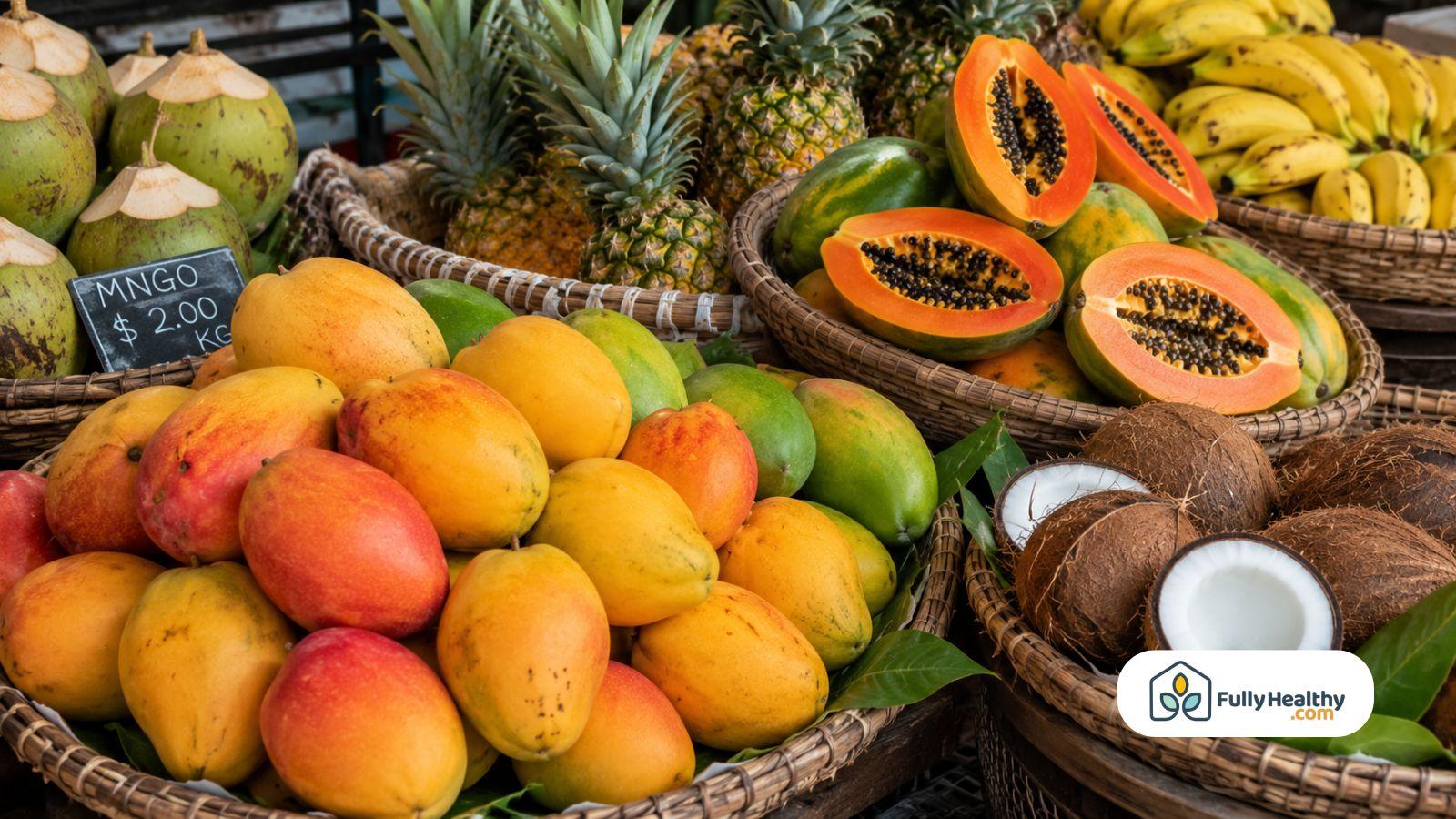 Fresh mangoes papayas pineapples bananas and coconuts displayed at tropical fruit market