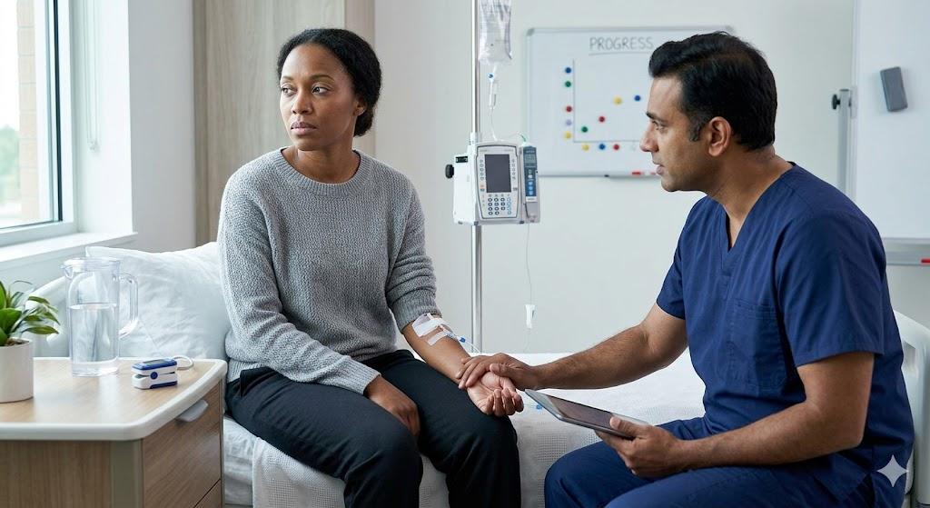 A healthcare professional administers medications to a client in recovery, answering the question, how does medical detox for alcohol work