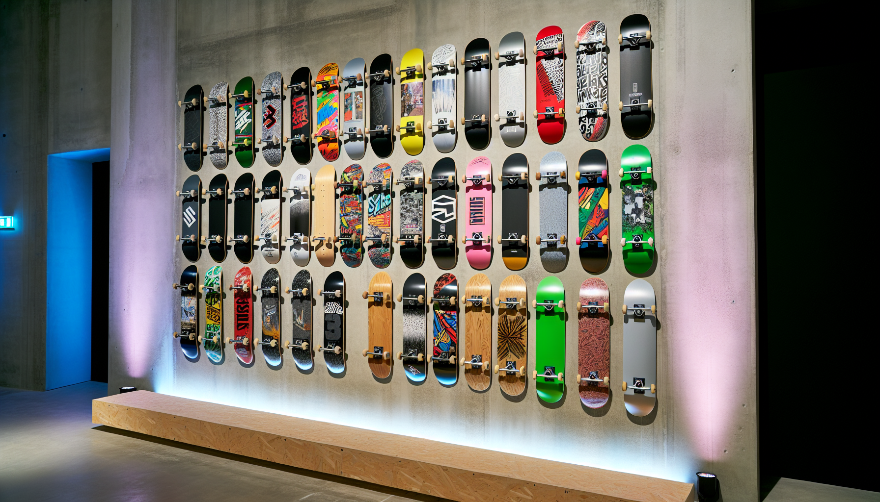 Various skateboard decks lined up against a wall