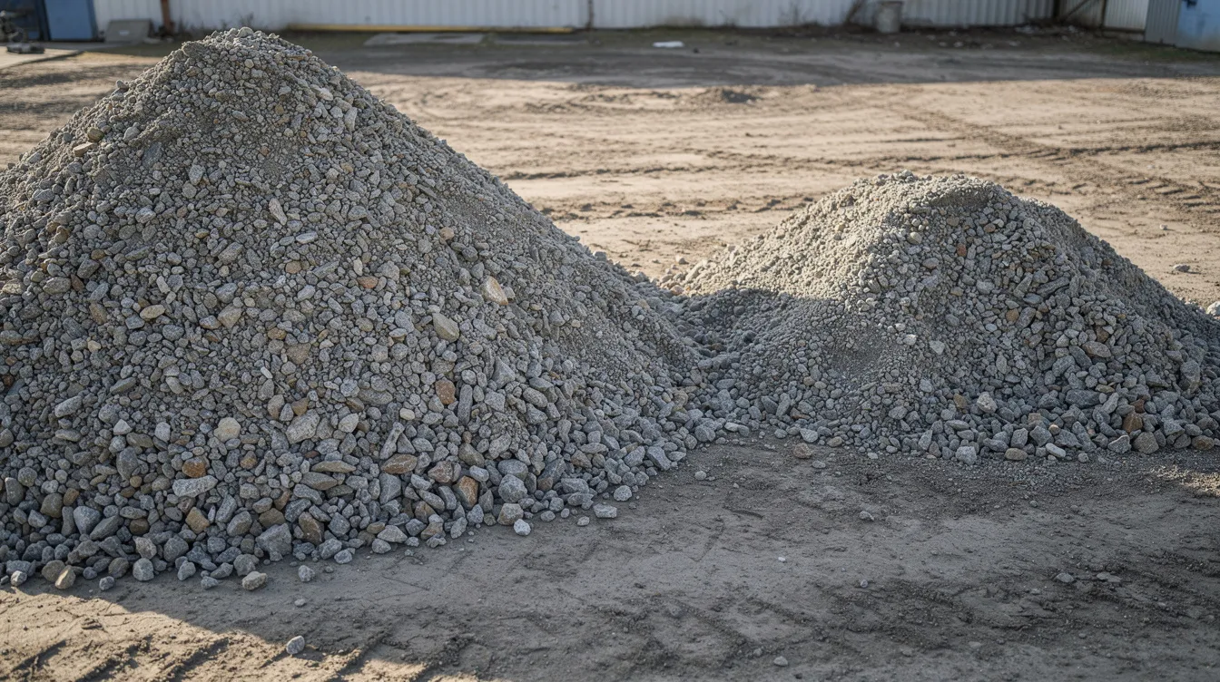 The image shows two side-by-side piles of crushed gravel of different sizes on bare ground, showcasing various stone types suitable for landscaping and construction projects. The larger pile may consist of 57 stone, while the smaller pile features finer material, ideal for drainage applications and creating a smooth finish in garden beds or driveways.