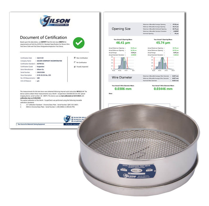 Certified test sieve with a label indicating compliance with quality standards