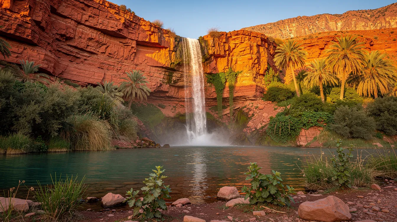 Een prachtige waterval omringd door weelderige groene vegetatie en indrukwekkende rode rotsen, die de natuurlijke schoonheid van Marokko benadrukt. Dit schilderachtige landschap is ideaal voor avontuurlijke reizigers die een auto willen huren in Marokko om de culturele hoogtepunten van het land te verkennen.