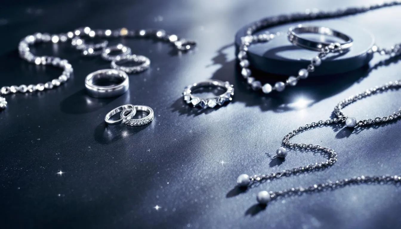 The image showcases an array of silver jewelry pieces, including rings, necklaces, and bracelets, beautifully arranged on a moonlit surface, highlighting their shimmering qualities. Wearing silver jewelry is believed to offer various spiritual benefits, such as emotional balance, protection from negative energies, and promoting inner peace.