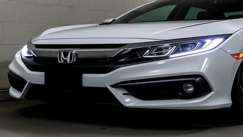 Honda Civic parked against a wall for beam alignment check of headlights by safety conscious member.