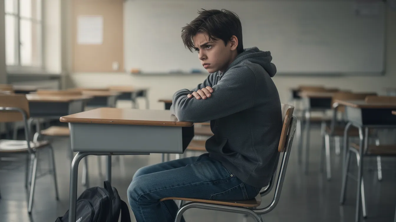 A frustrated teenager sits alone at a school desk with arms crossed, displaying an irritable mood and defiant behavior as they look away from the camera. This scene may reflect symptoms of oppositional defiant disorder or other mental health problems, highlighting the challenges faced by adolescents in managing their emotions and interactions with authority figures.