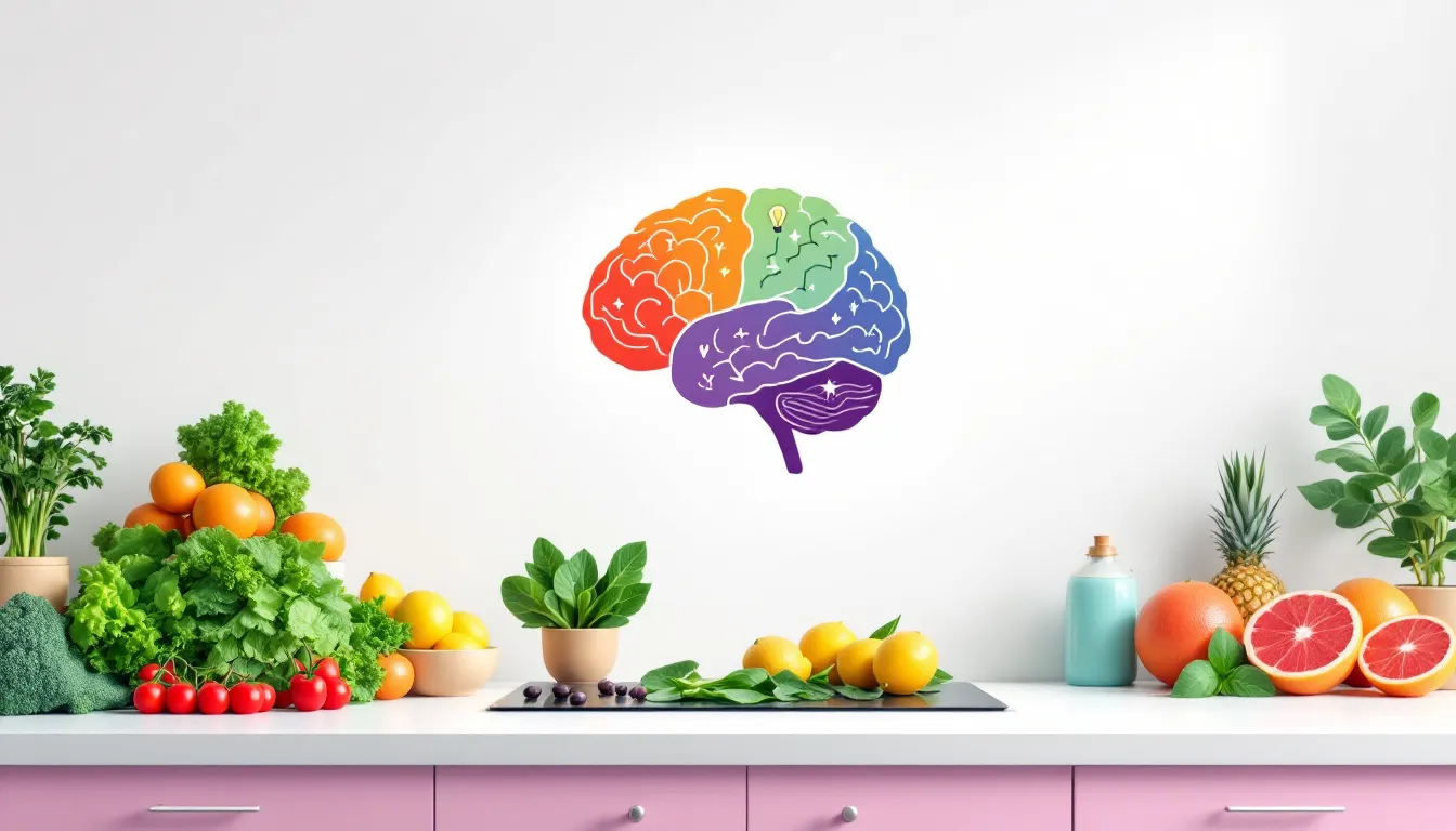 Top vegan foods for brain health displayed on a kitchen counter.