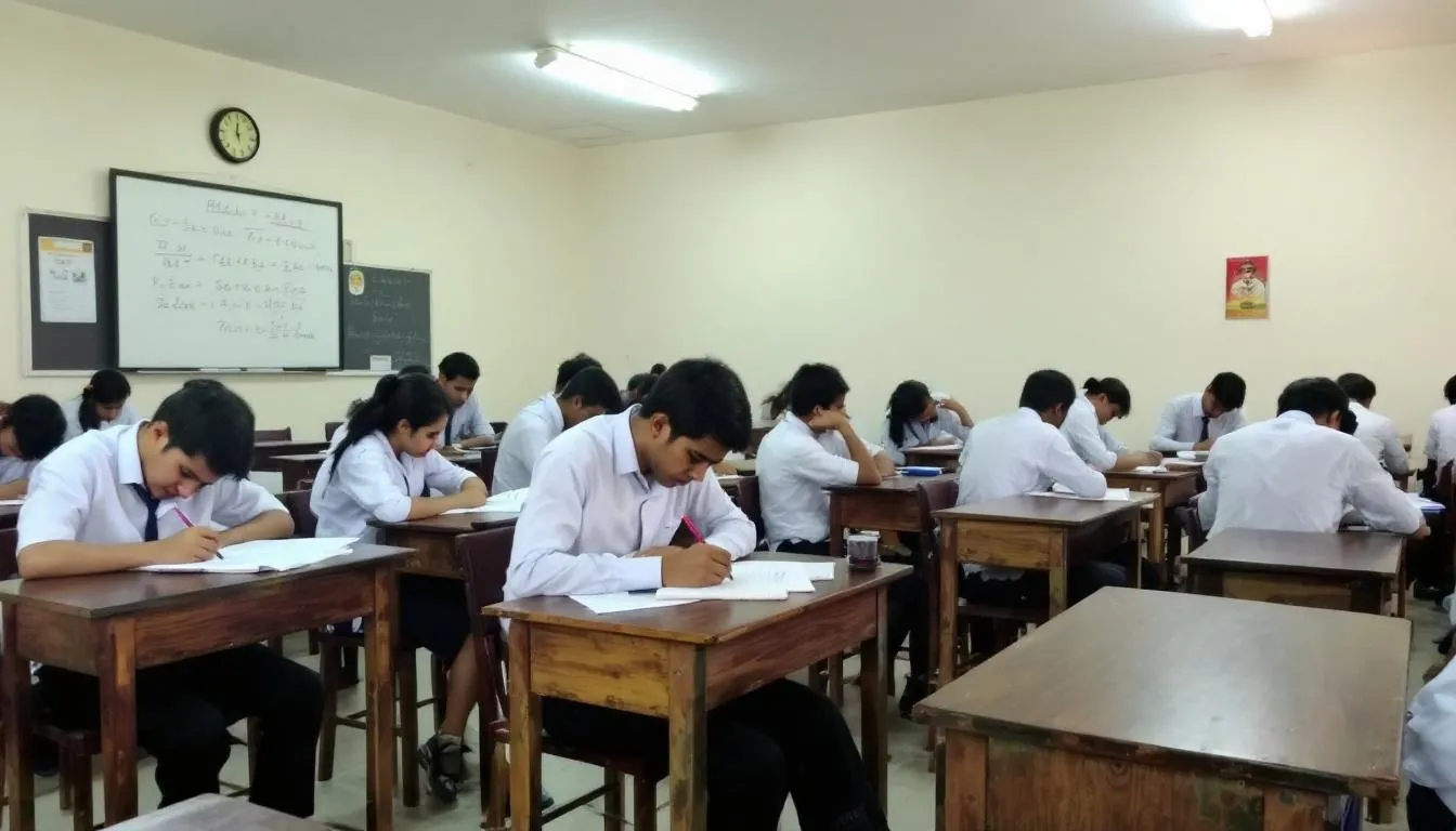 En la imagen se puede ver a un grupo de estudiantes sentados en un aula oficial, concentrados mientras realizan un examen relacionado con la capacitación profesional en el transporte. Los alumnos están rodeados de materiales de estudio, como libros y formularios, mientras responden preguntas sobre la normativa y la gestión del transporte de mercancías y viajeros.