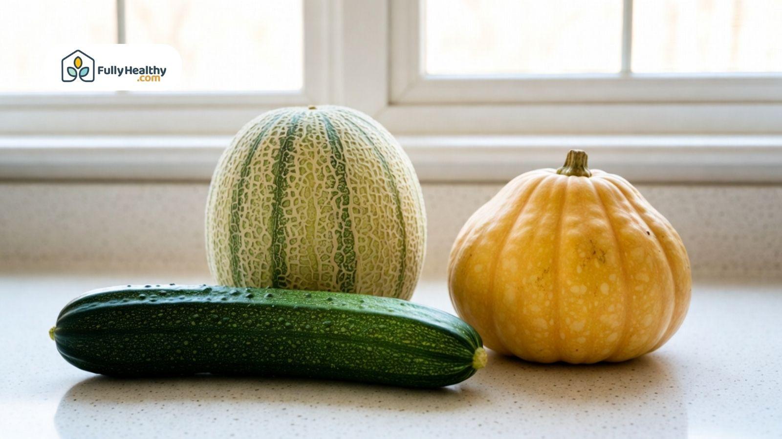 Cucumber, melon, and squash showing cucurbitaceae family relationship.