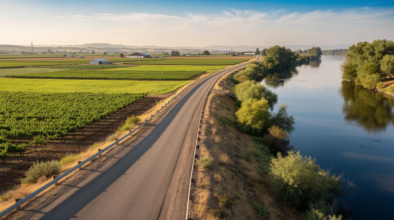 A picturesque levee road runs alongside the Sacramento River, bordered by lush green vineyards and expansive farmland that stretches into the distance, showcasing the beauty of the Clarksburg wine country in Northern California. The scene captures the essence of the Sacramento River Delta, where cool breezes and warm summer days create an ideal climate for growing exceptional varietals like Chenin Blanc and Petite Sirah.