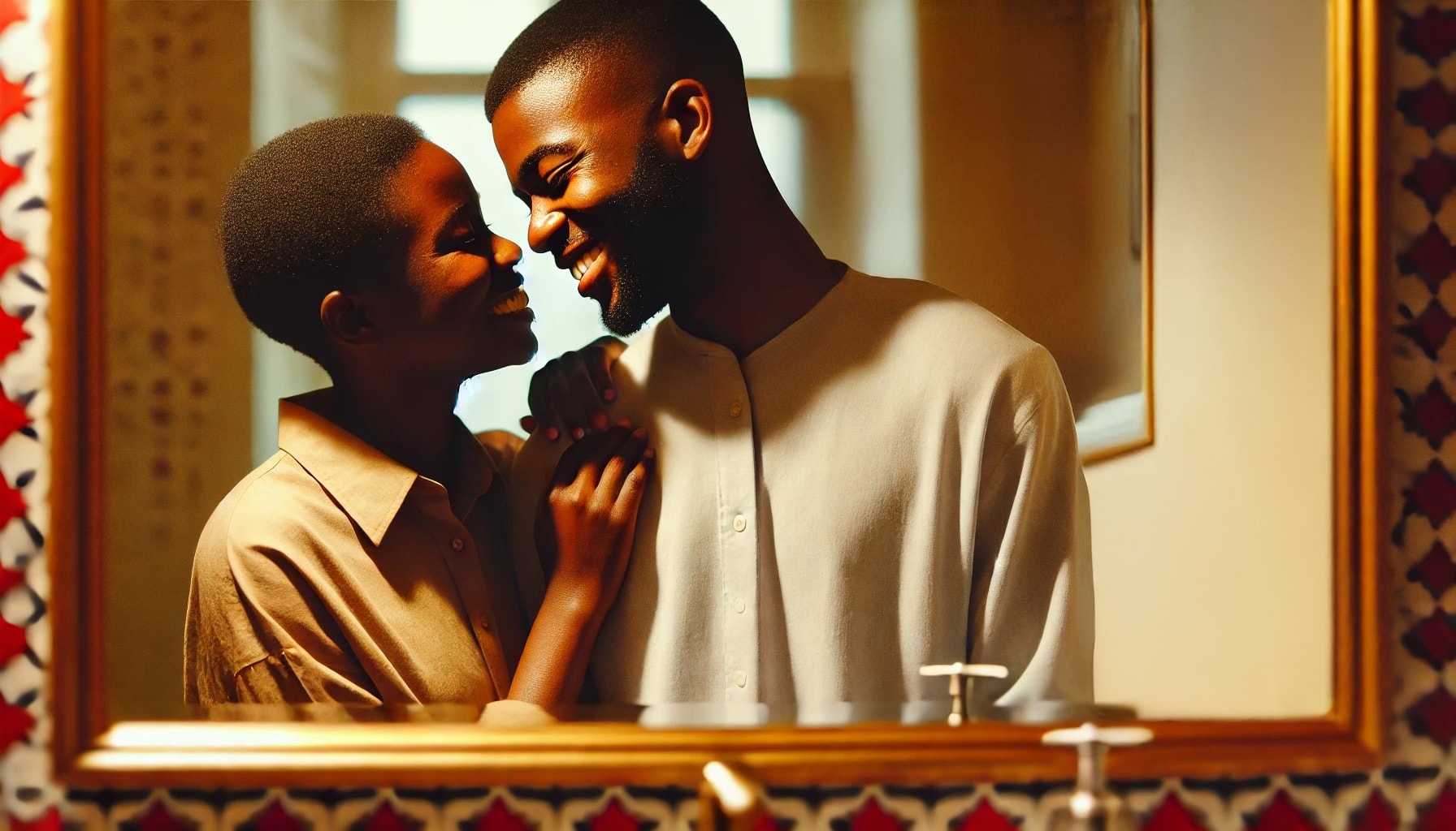 A couple sharing an intimate and affectionate moment in a bathroom