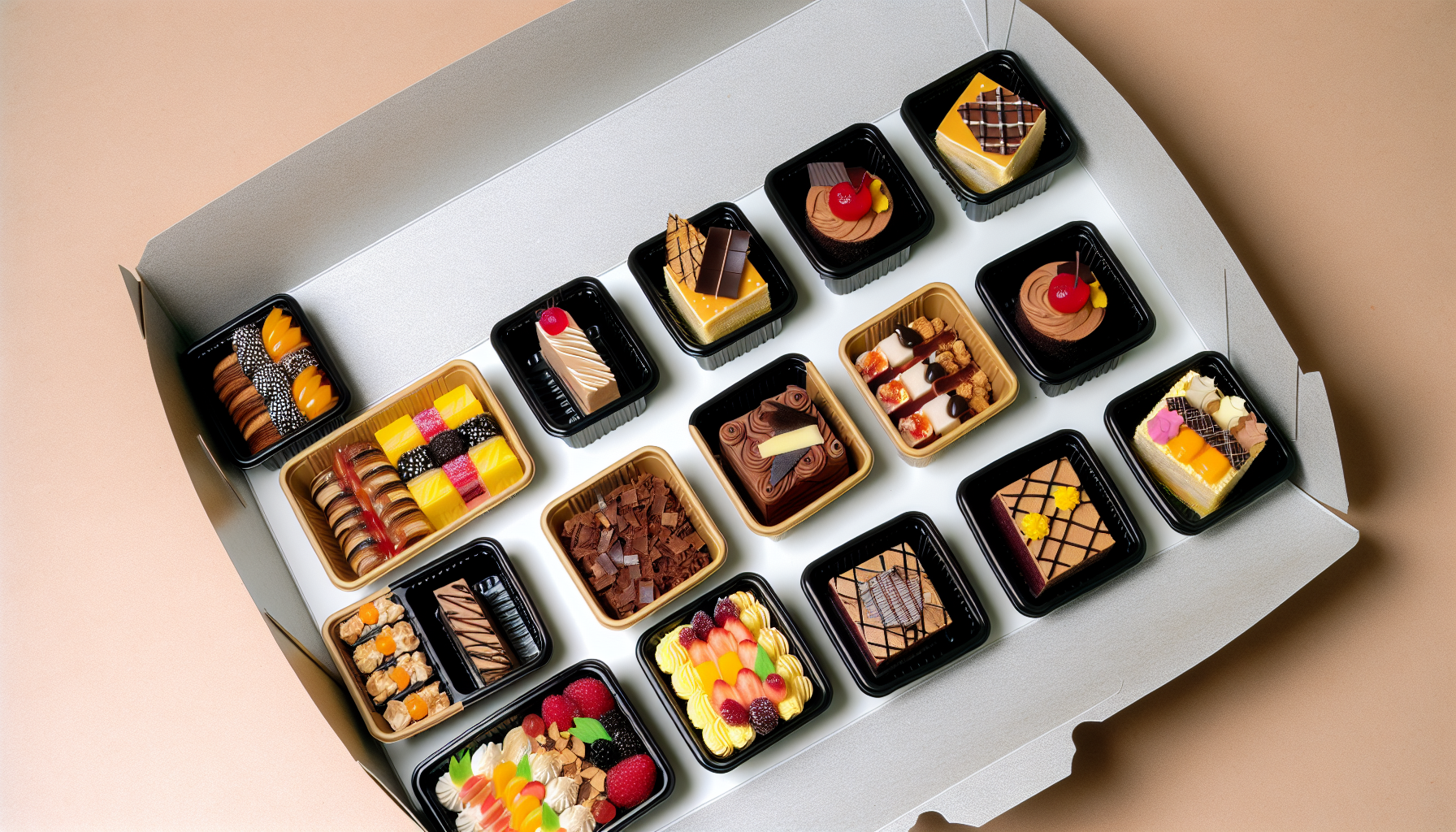 Assortment of beautifully decorated bento cakes in takeout containers
