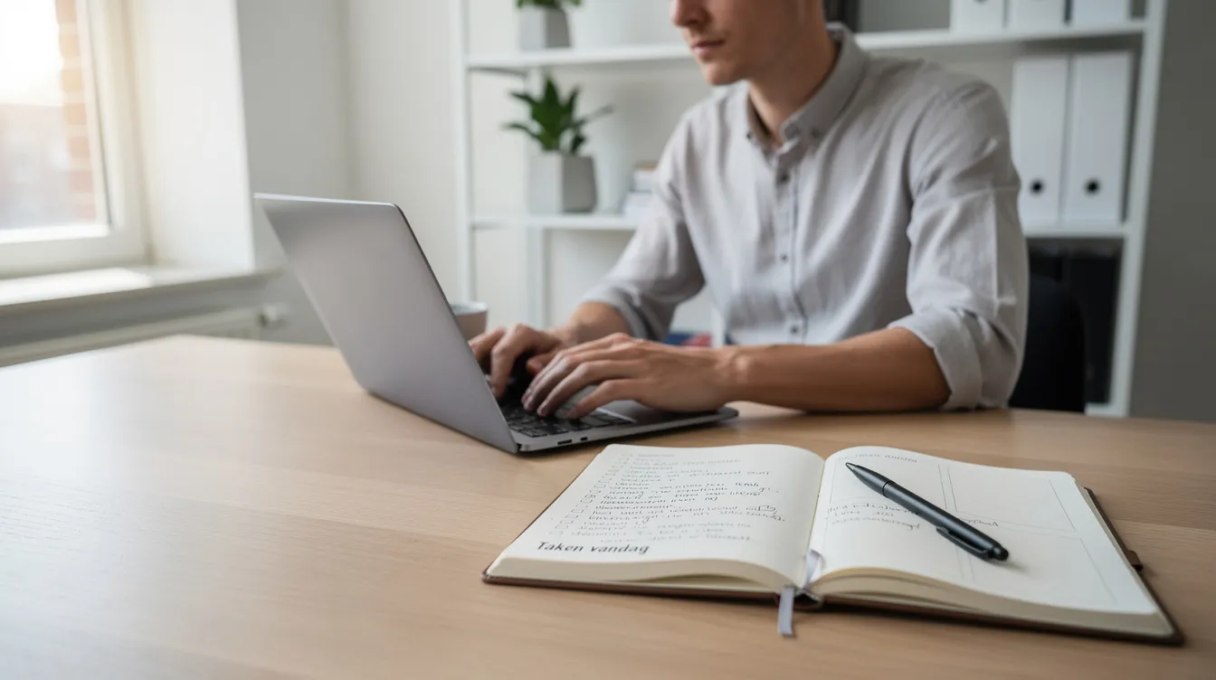 Een zelfstandige ondernemer zit aan een bureau met een laptop en een notitieboek, terwijl hij zich voorbereidt op zijn eigen onderneming. Op de achtergrond zijn documenten zichtbaar die betrekking hebben op sociale zekerheid en btw administratie, wat wijst op een grondige voorbereiding voor zijn zaak.