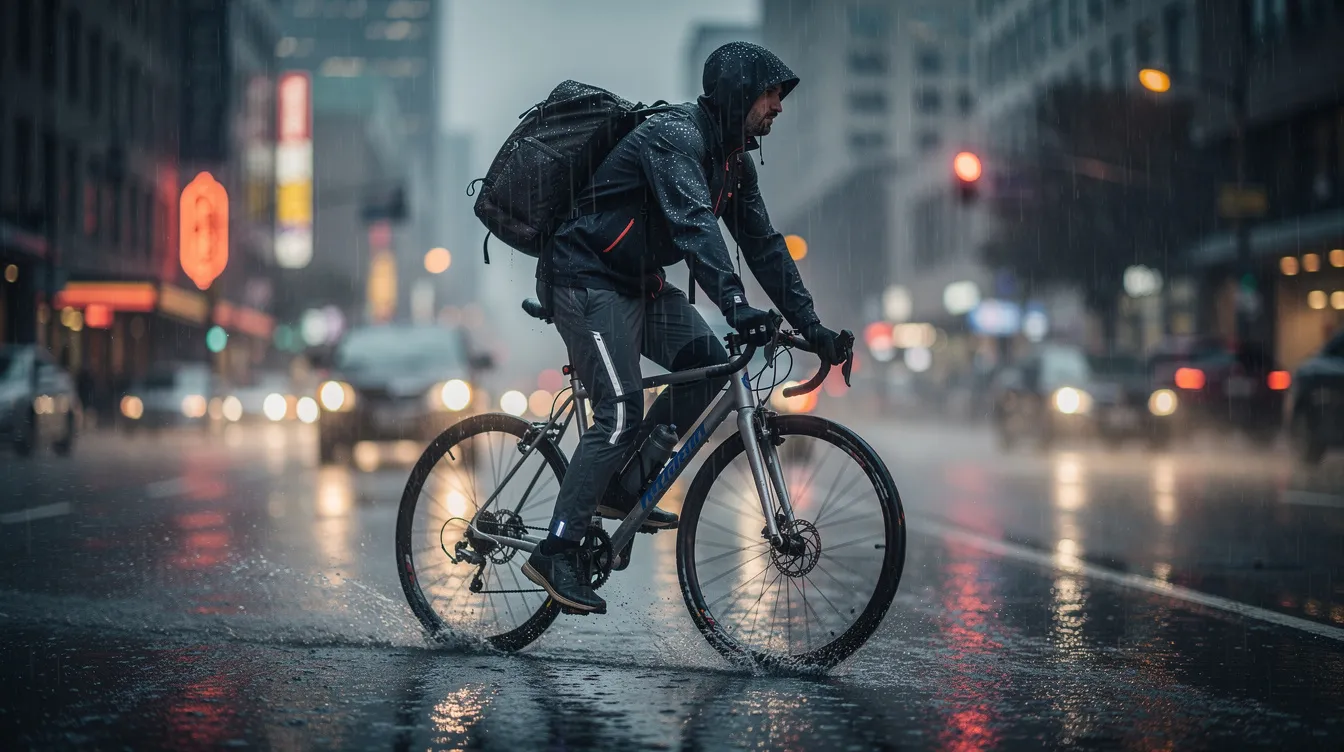 A cyclist navigates through rainy urban streets, equipped with a waterproof backpack that ensures their belongings stay dry. The backpack features padded shoulder straps for comfort and is designed to withstand the elements, making it ideal for outdoor adventures in wet weather.