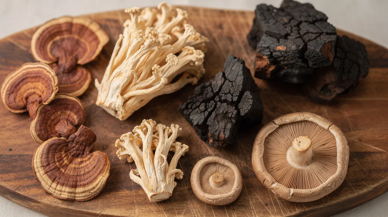 A close-up photograph showcases an assortment of dried medicinal mushrooms, including reishi and lion's mane, artfully arranged on a rustic wooden cutting board. This image highlights the earthy textures and colors of the mushrooms, which are often used in coffee alternatives like mushroom coffee for their health benefits and energy-boosting properties.