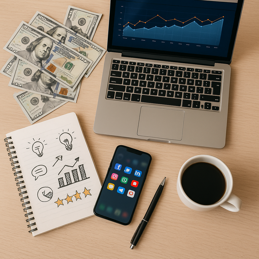Overhead shot of laptop analytics, marketing sketches, and smartphone highlighting best practices to leverage technology and optimize costs in marketing spend.