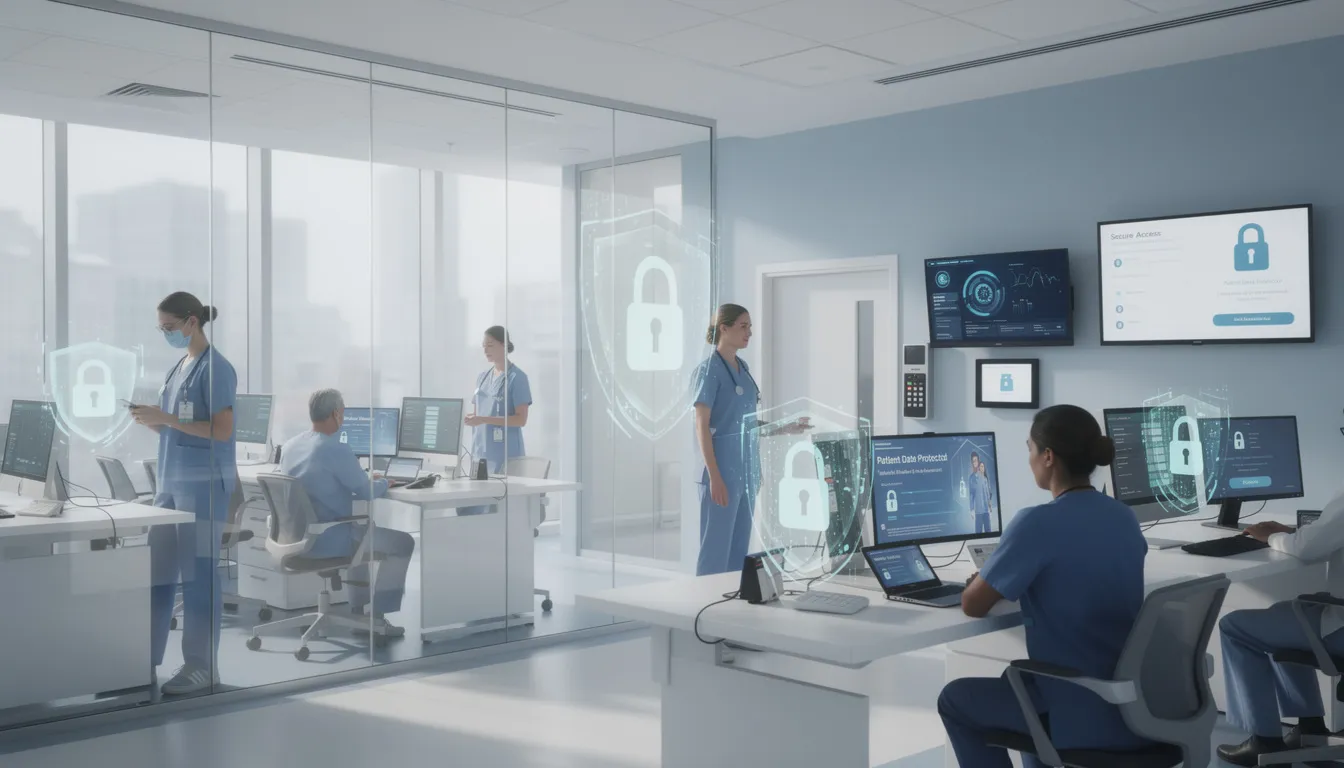 The image depicts a modern healthcare facility equipped with advanced digital security systems, ensuring the protection of individually identifiable health information in compliance with HIPAA regulations. The environment emphasizes the importance of safety and health programs, showcasing a commitment to safeguarding patient data and maintaining high standards of medical office compliance.
