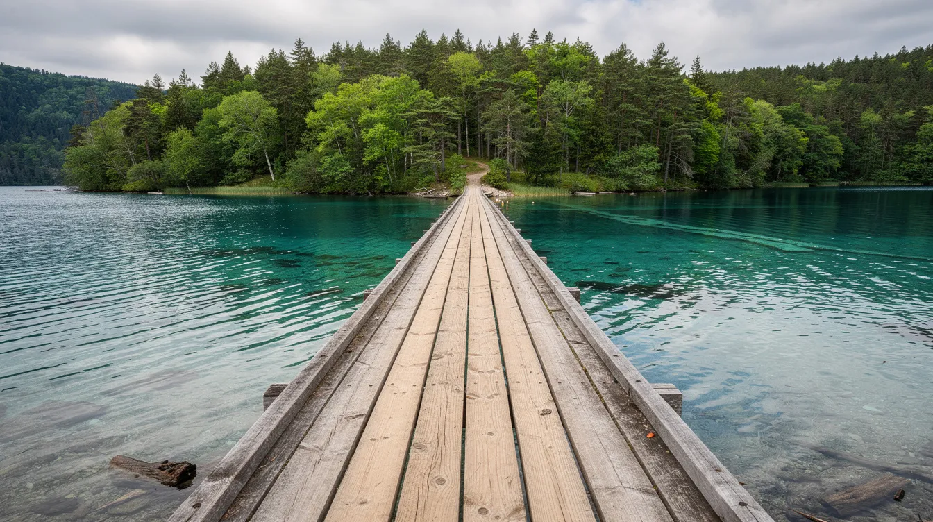 Uma passarela de madeira se estende sobre um lago de água azul-turquesa, cercada por uma densa floresta ao fundo. Este cenário natural, localizado na região de Slunj, é um destino turístico popular, conhecido por suas cachoeiras e moinhos de água.