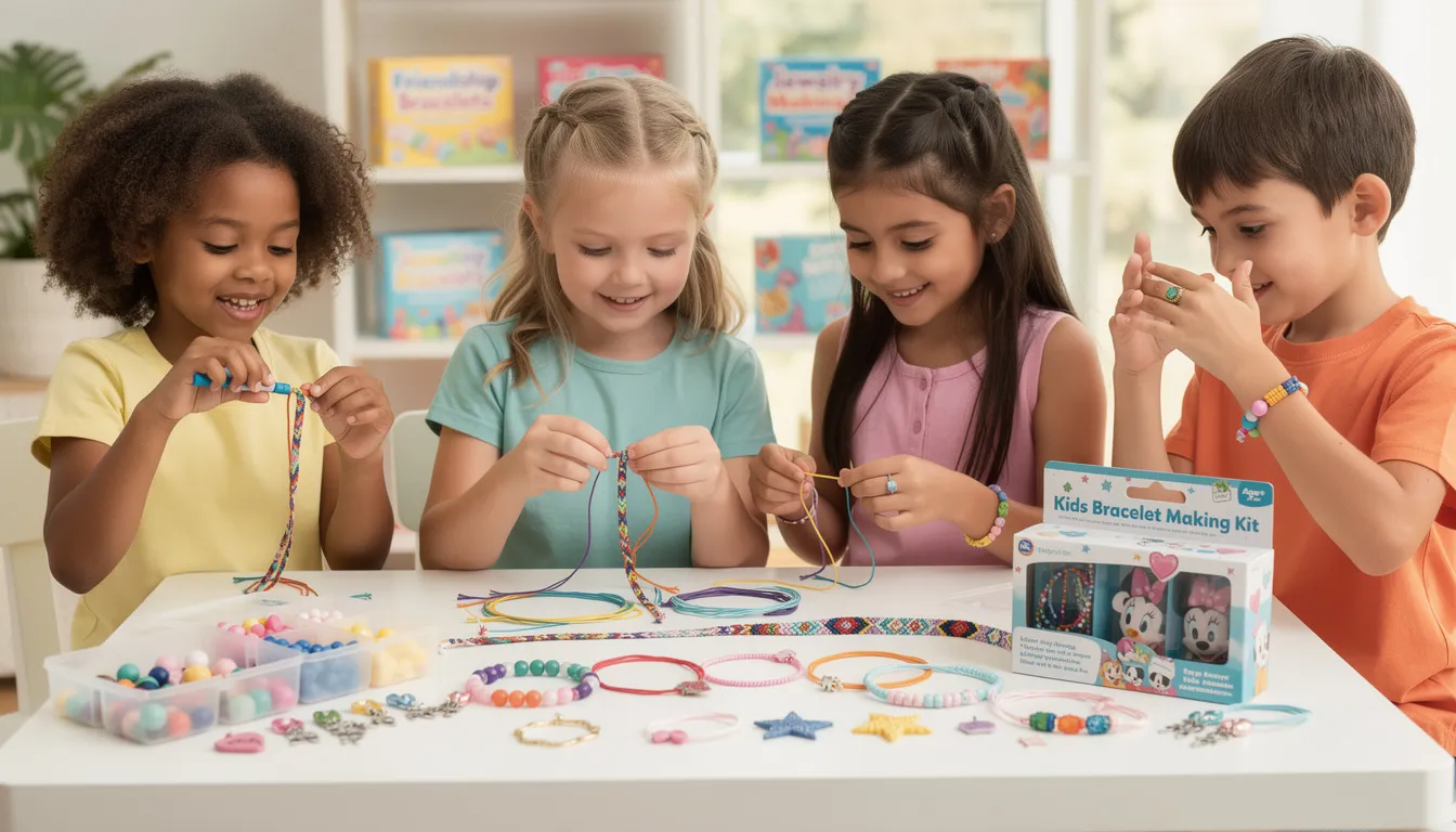 The image features a colorful children's jewelry making kit, including various beads, charms, and clasps, perfect for creating friendship bracelets and necklaces. This engaging kit encourages kids to explore their creativity while developing fine motor skills as they assemble unique accessories.