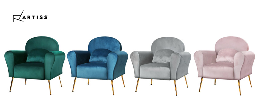 A set of Artiss velvet accent lounge chairs in green, blue, grey and pink.