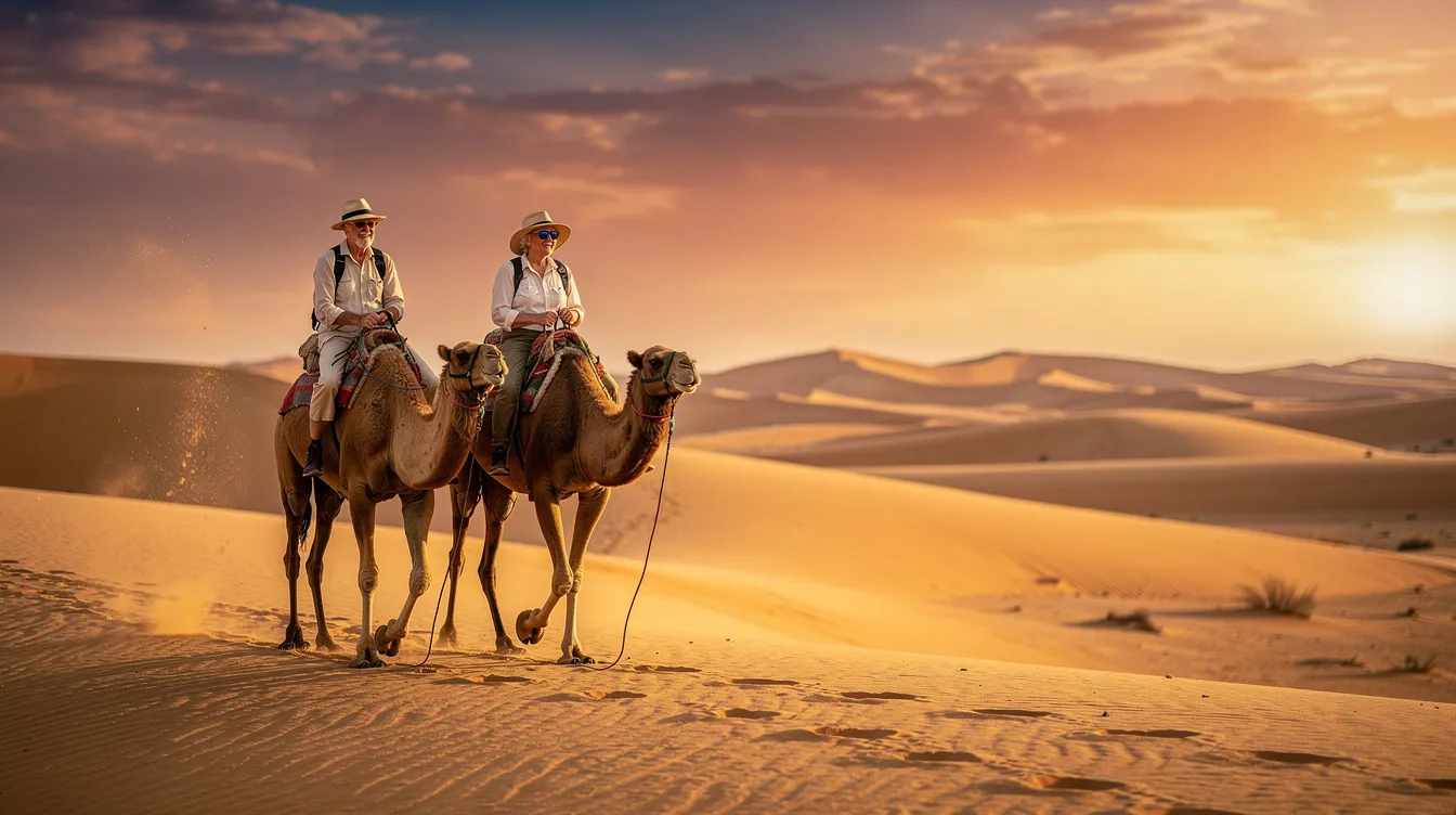 Two senior travelers are enjoying a serene camel ride as they traverse the golden dunes of the Sahara Desert at sunset, surrounded by the vast and tranquil landscape of North Africa. The warm hues of the setting sun create a picturesque backdrop, highlighting the beauty of the Moroccan desert experience.