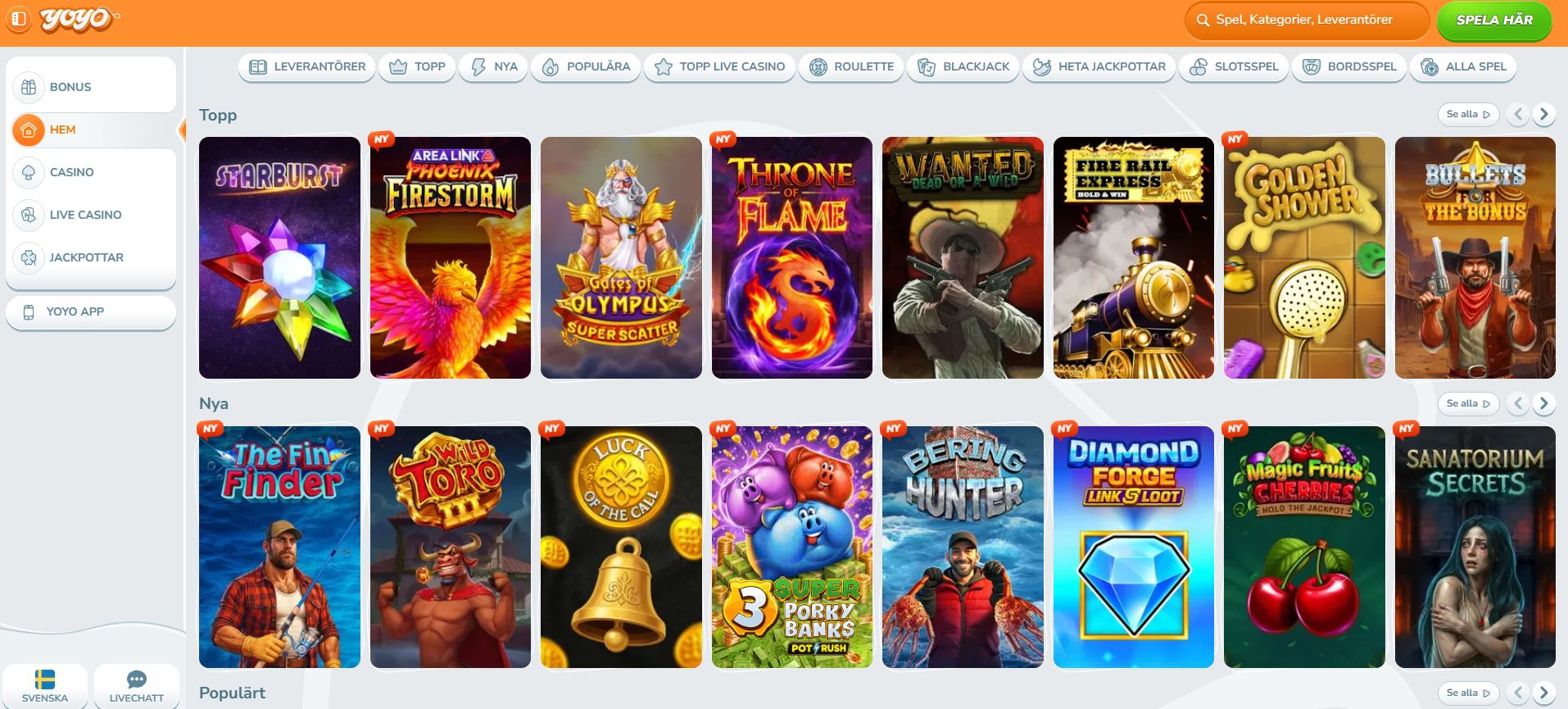YoYo Casinos spelutbud med populära och nya casinospel.