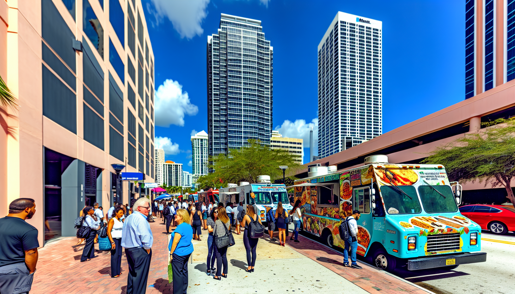 Lunch crowd enjoying food from downtown Fort Lauderdale food trucks
