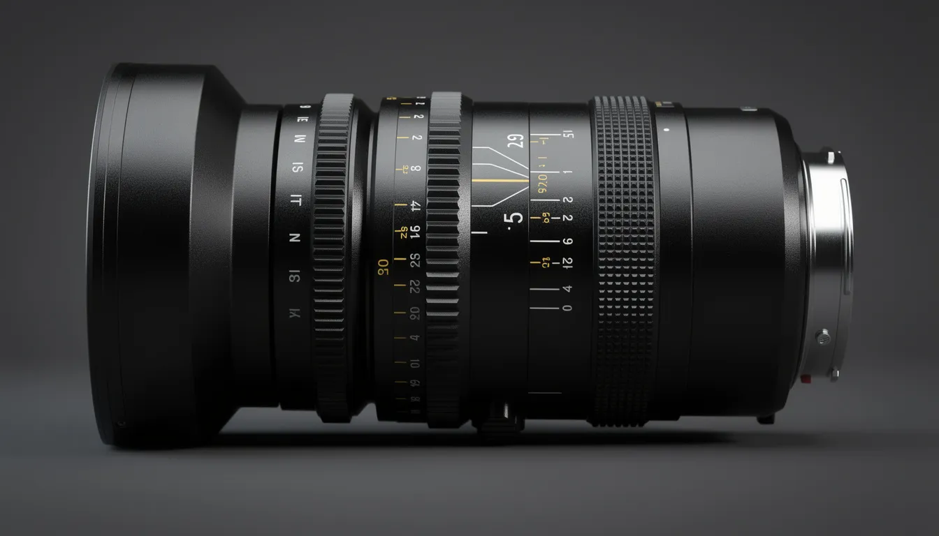 A close-up view of a professional cinema lens showcases the intricate focus markings and aperture ring, emphasizing the precision and quality that professionals understand is essential for achieving remarkable results in the visual world of filmmaking. The detailed optics reflect the difference between professional and amateur approaches to capturing reality.