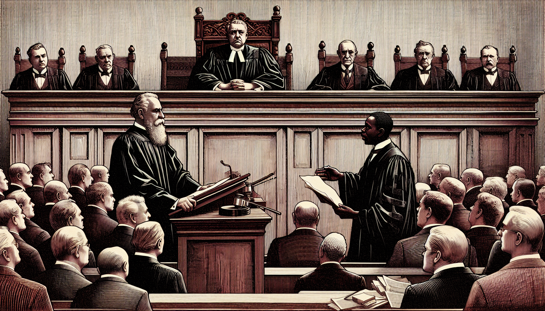 Illustration of a bankruptcy court with a judge and attorney presenting a case