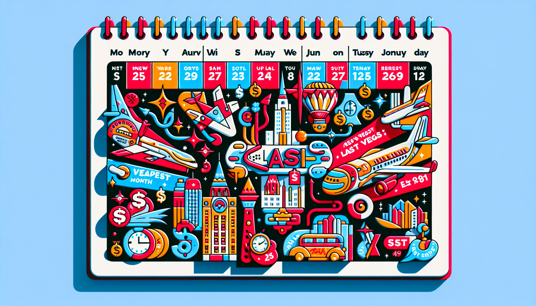 An infographic illustrating the cheapest times to fly from New York to Las Vegas, with visual cues for the best months to travel.