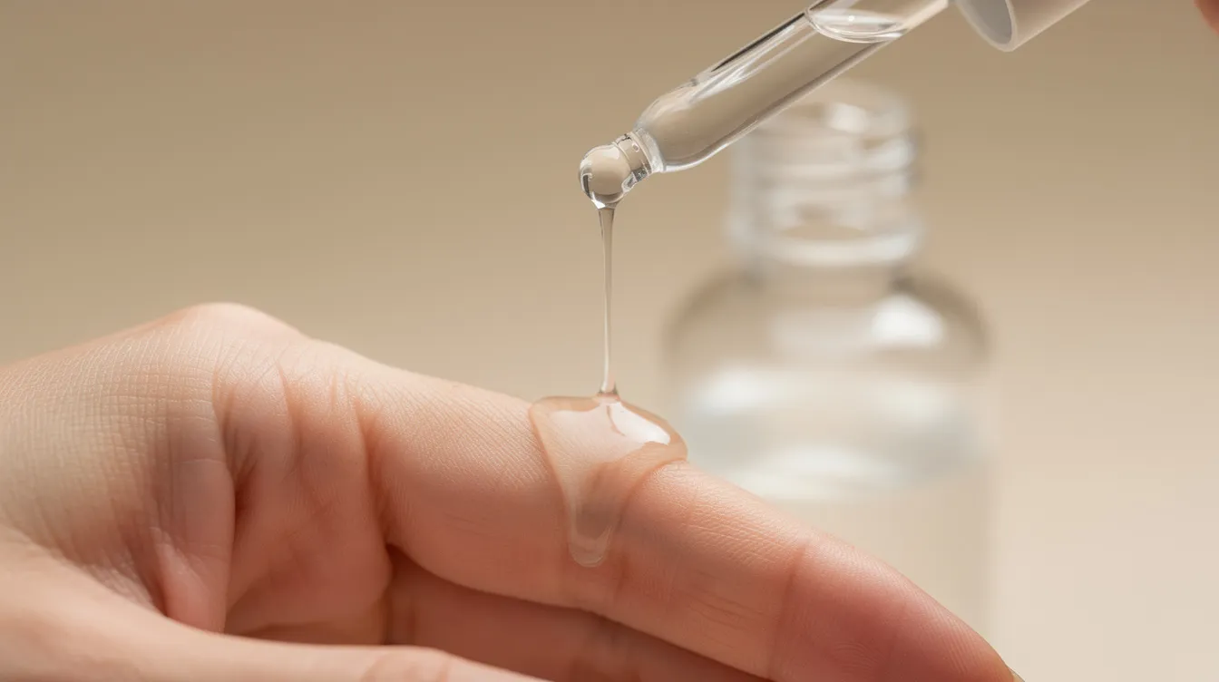 A clear serum is being dispensed from a glass dropper bottle onto fingertips, set against a soft neutral background. This vitamin C serum is designed to address skin concerns such as uneven skin tone and signs of aging, making it a valuable addition to any anti aging skincare routine.