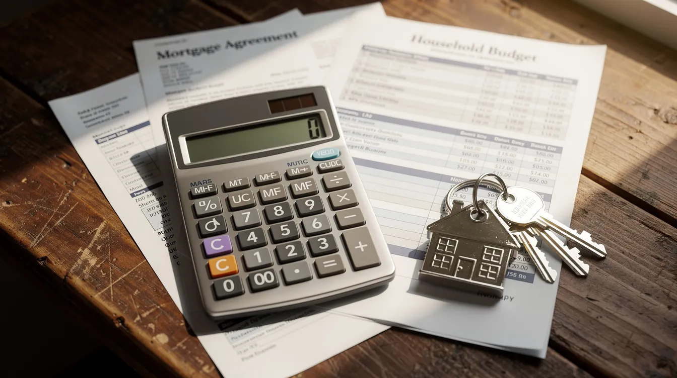The image features a calculator placed beside a set of house keys and various financial documents spread across a wooden desk, suggesting a focus on real estate investing and the loan process. This setup could represent the financial considerations involved in securing hard money loans or traditional bank loans for purchasing properties.