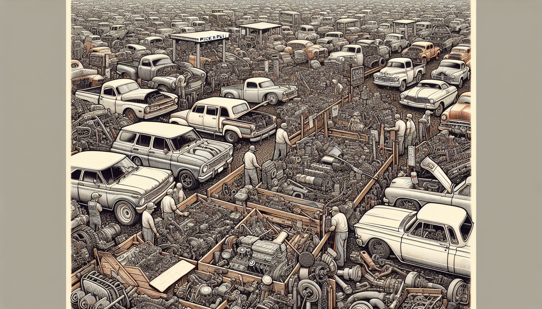 Illustration of a junkyard with various car parts