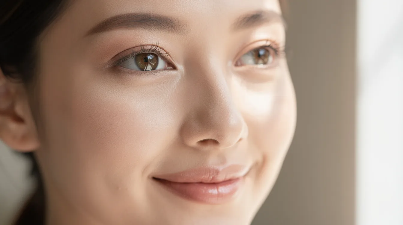 Close-up portrait of a person with refreshed, well-rested eyes and smooth skin around the upper and lower eyelids
