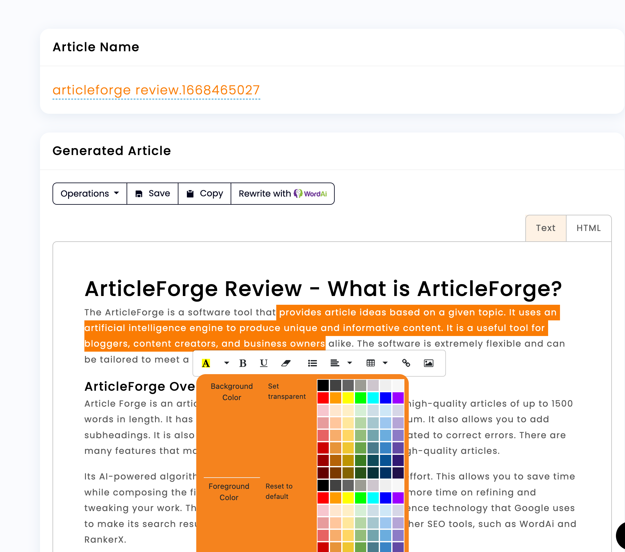 Article Forge article detail editor